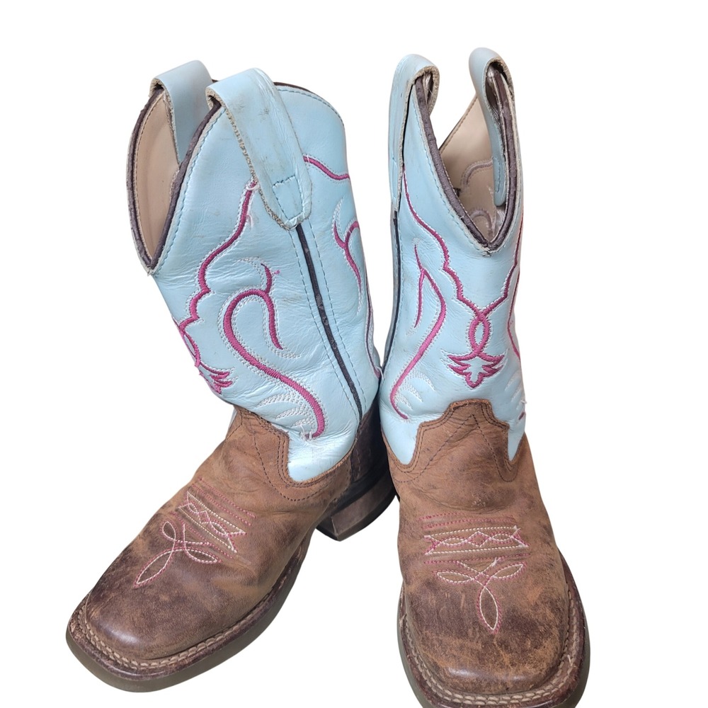 Old West Kids Brown Blue Leather Square Toe Cowboy Cowgirl Boots Size 9.0 D - Picture 2 of 8